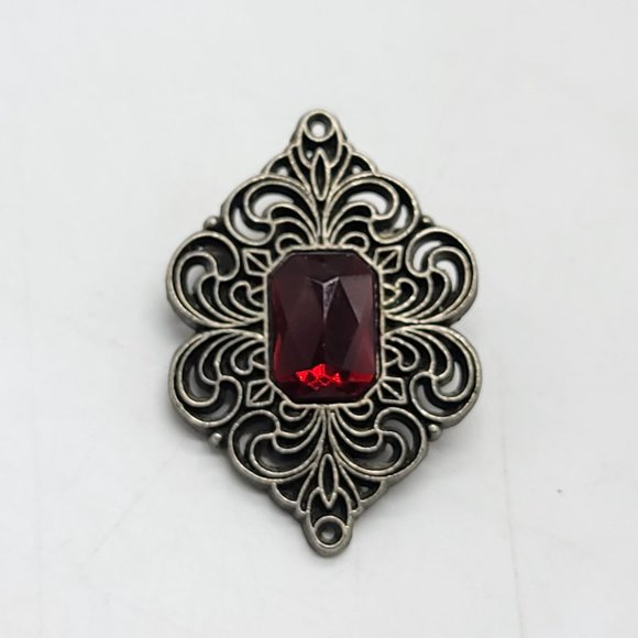 Vintage Jewelry - Silver Tone Burgundy Red Faux Ruby Filigree Gothic Brooch Vintage
